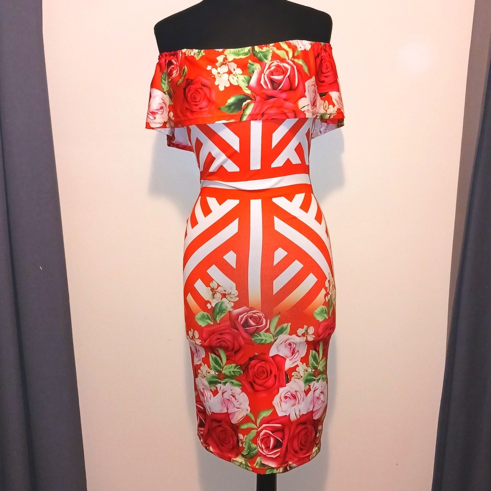 Red Rose Floral Geometric Off The Shoulder Ruffle Bodycon Midi Dress  S